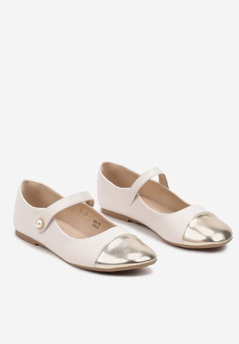 Złote Balerinki na Płaskiej Podeszwie z Lakierowanym Noskiem i Ozdobnym Paskiem na Rzep Saivea