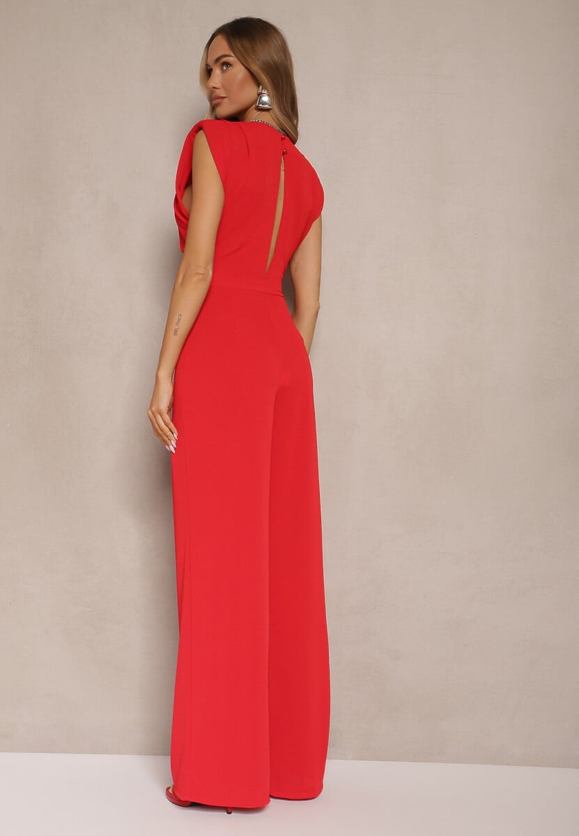 Czerwony Kombinezon Bez Rękawów z Szeroką Nogawką i Marszczeniem Sepellia