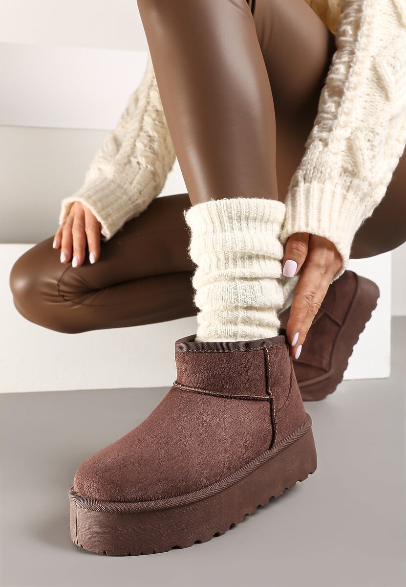 Brązowe Śniegowce z Imitacji Zamszu na Platformie z Niską Cholewką Reanirae