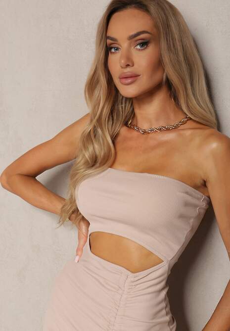 Beżowa Sukienka Dopasowana Bandeau z Bawełny z Ozdobnym Rozcięciem w Pasie Vikisaema