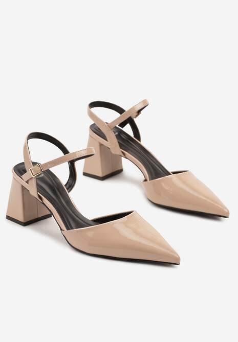 Beżowe Sandały Lakierowane na Geometrycznym Słupku Sopelisse