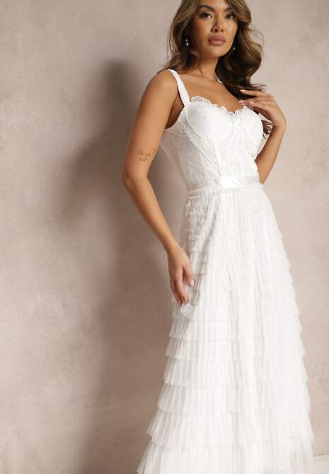 Biała Maxi Sukienka Rozkloszowana Sukienka na Ramiączkach z Gorsetową Górą Ocartia