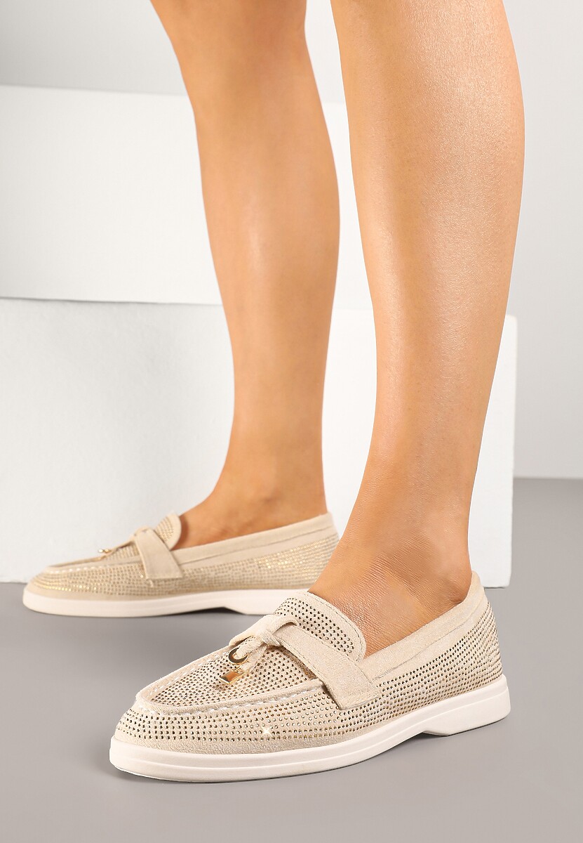 Beżowe Mokasyny z Cholewką z Cyrkoniami Zdobione Aplikacją Tenurea