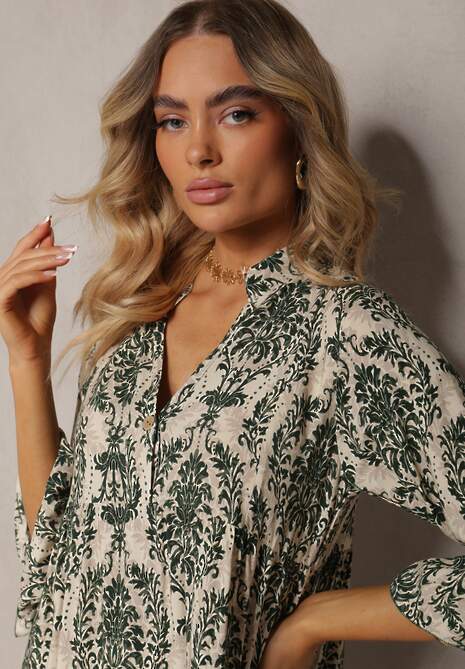 Zielona Sukienka z Bawełny o Rozkloszowanym Kroju Wykończona Falbanką Niloa