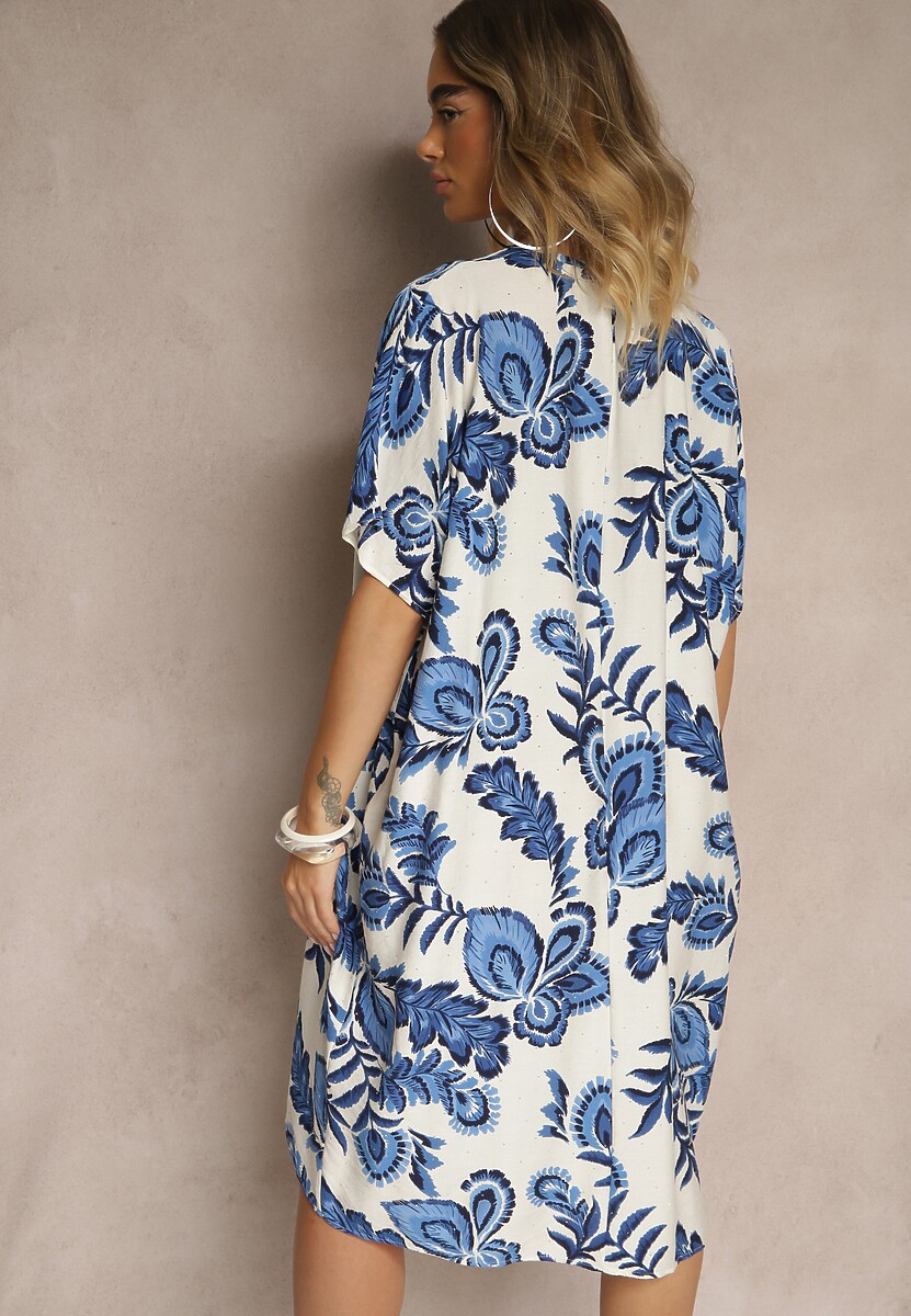 Niebieska Sukienka z Wiskozą Lnem i Cyrkoniami Sadevore