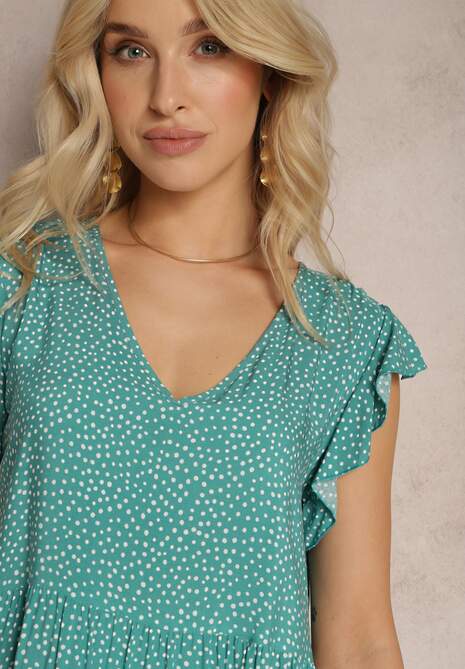 Zielona Rozkloszowana Sukienka z Bawełny w Kropki z Trójkątnym Dekoltem Riessa