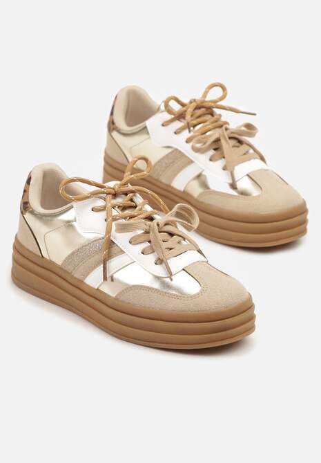 Złote Sneakersy w Stylu Tenisówek Ozdobione Brokatem Teladriena