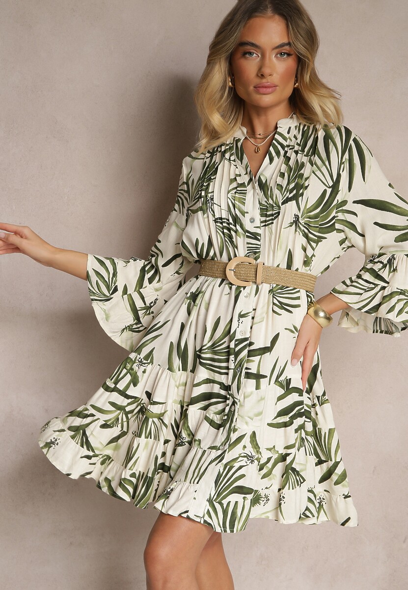 Ciemnoszara Rozkloszowana Sukienka z Wiskozy z Falbanami z Motywem Roślinnym Ridivaria