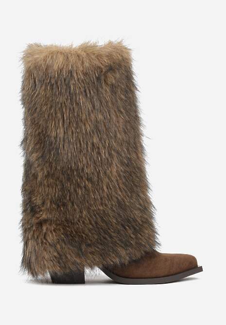 Brązowe Kozaki na Stożkowym Obcasie z Wywiniętą Cholewką z Futerka Tesmira