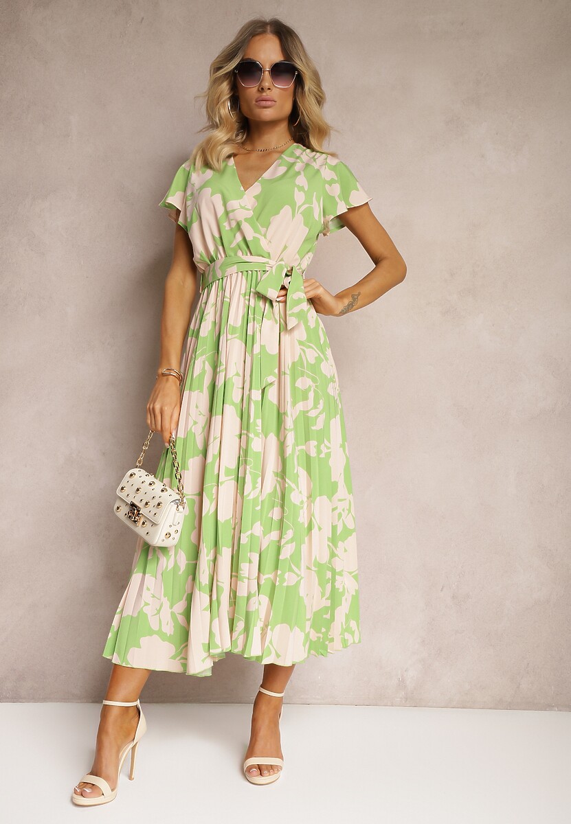 Zielono-Beżowa Kopertowa Plisowana Sukienka Koktajlowa z Gumką i Paskiem w Talii Benelsea