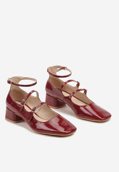 Bordowe Eleganckie Czółenka na Niewysokim Słupku Ozdobione Paskami ze Sprzączką Lavantia