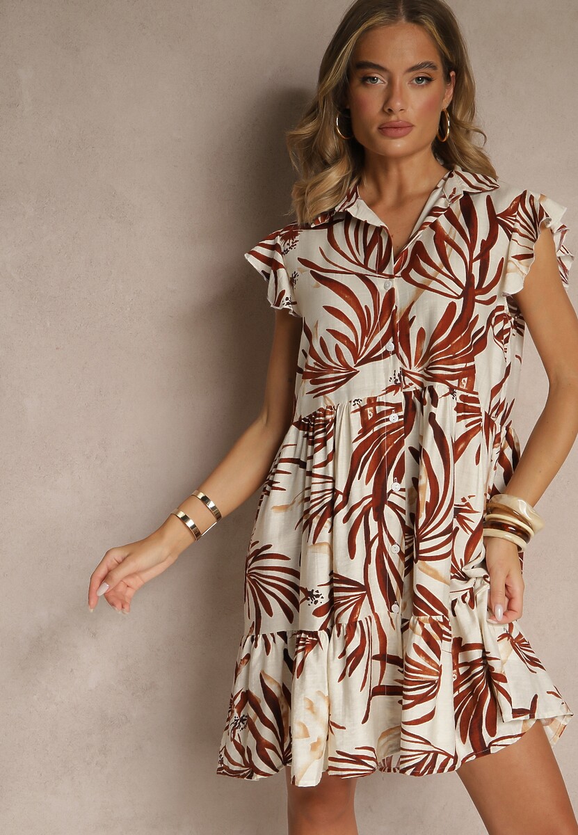 Brązowa Sukienka z Bawełną Lnem i Wiskozą w Liście Lilestia