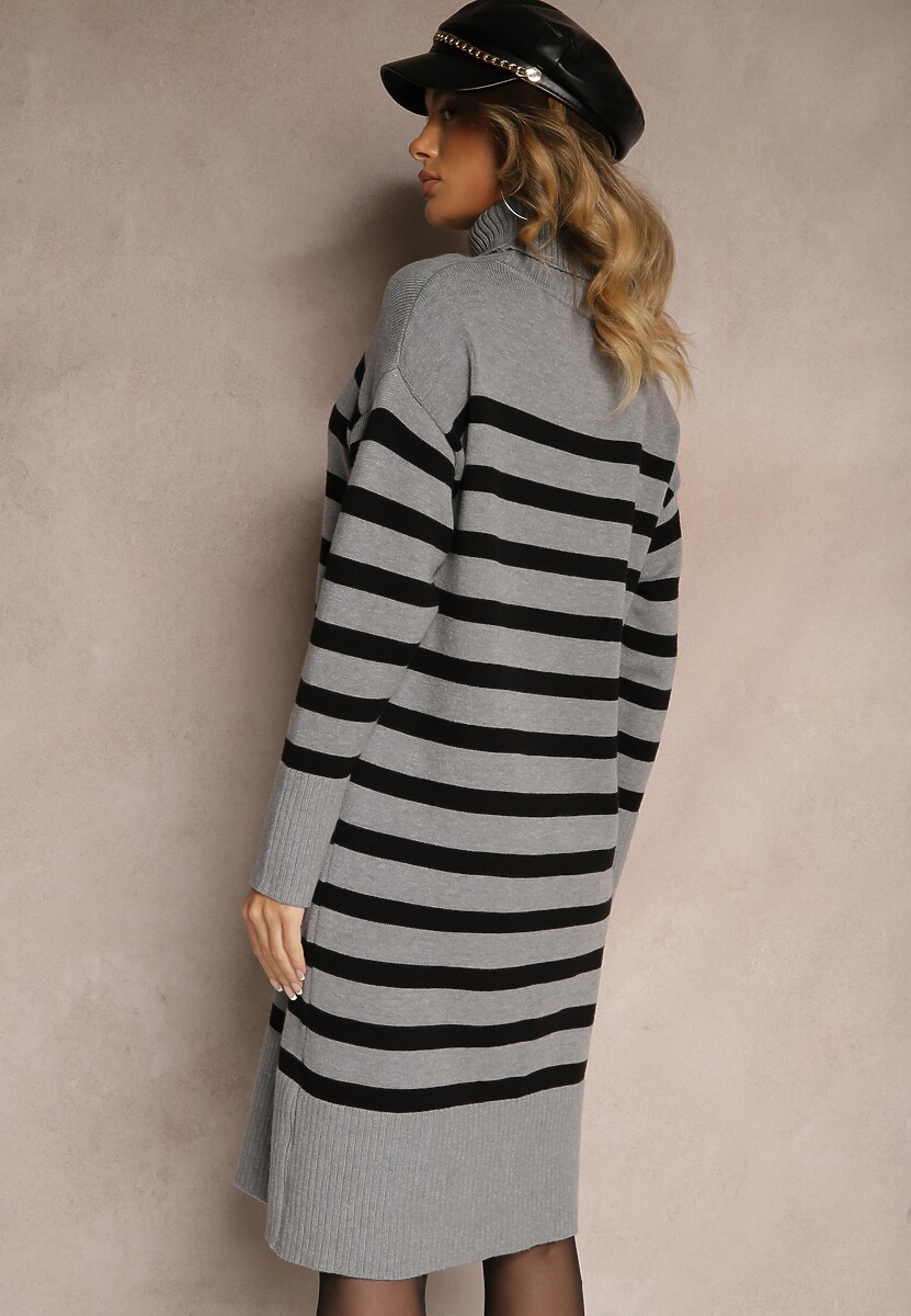 Szaro-Czarna Sukienka Golf Sweterkowa z Modalem i Wiskozą w Paski Gesalttia