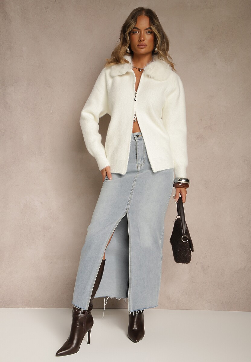 Jasnobeżowy Zasuwany Kardigan z Wełną z Futerkowym Kołnierzem Asiste