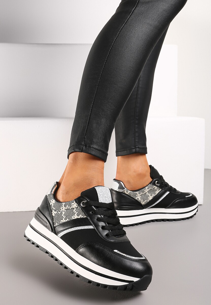 Czarne Sneakersy z Materiałowymi Wstawkami na Grubej Podeszwie Ozdobione Brokatem Zirnna