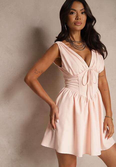 Różowa Rozkloszowana Sukienka Vices Bez Rękawów Zdobiona Kokardką Folawenna