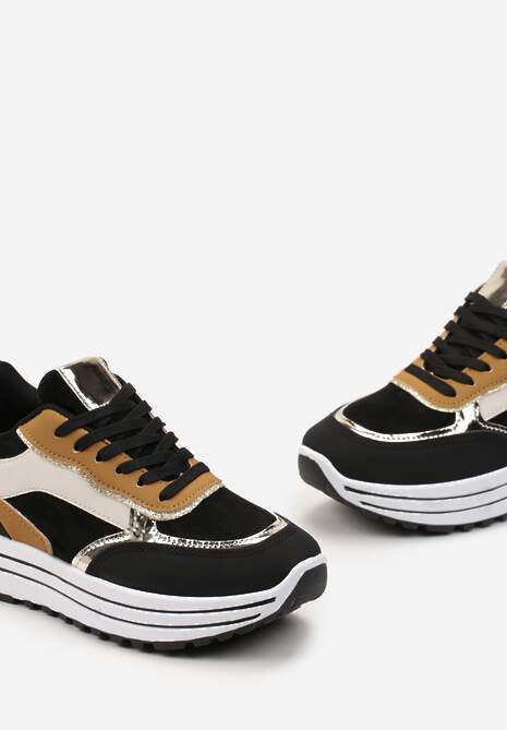 Czarne Sneakersy na Wysokiej Podeszwie z Błyszczącymi Wstawkami Lovana