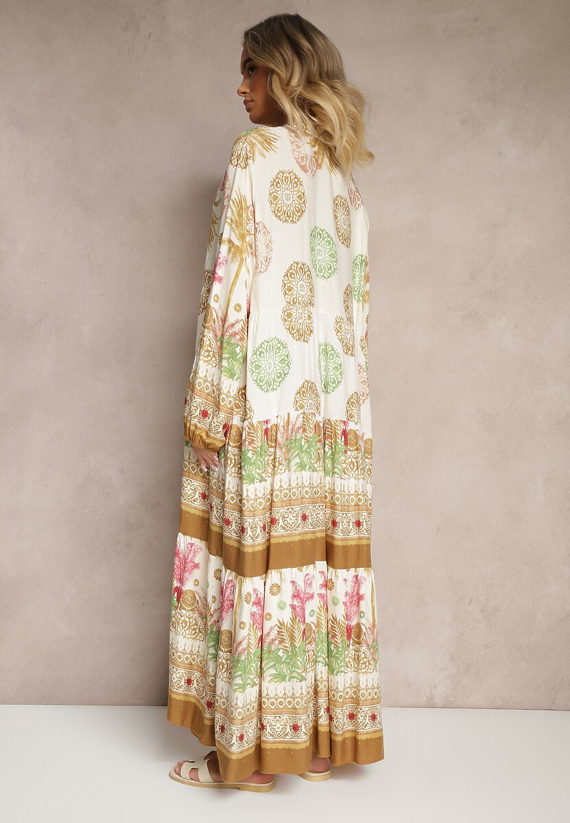 Beżowa Sukienka z Wiskozy Rozkloszowana w Print Boho Aedia