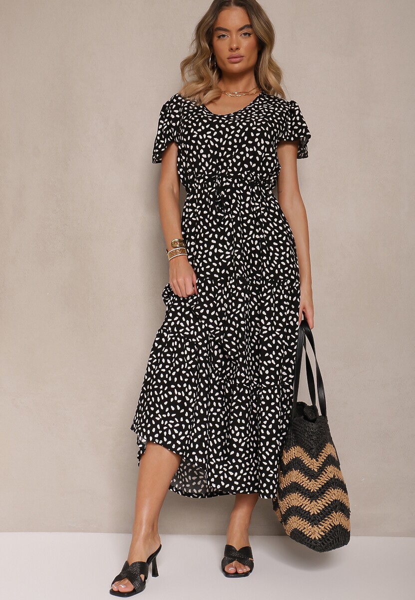 Czarna Rozkloszowana Sukienka z Bawełną i Geometrycznym Motywem Mevelaia