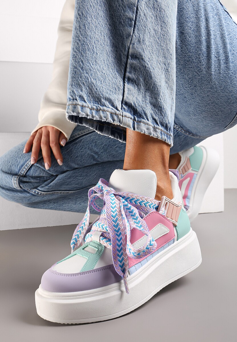 Biało-Fioletowe Sneakersy Na Niskiej Platformie z Szerokimi Sznurówkami we Wzorek Vidira