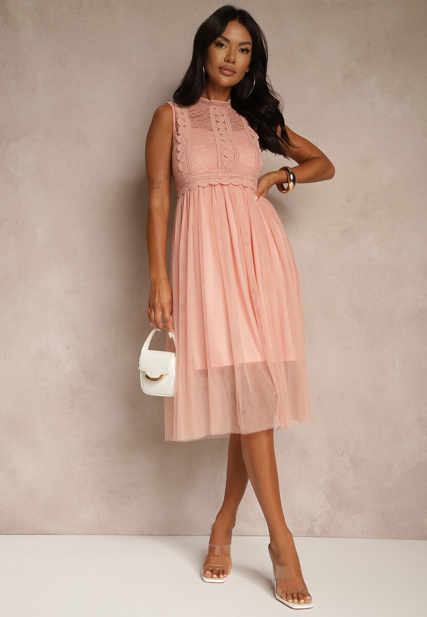 Ciemnoróżowa Koktajlowa Sukienka Midi z Koronkową Górą i Tiulowym Dołem Nebulia