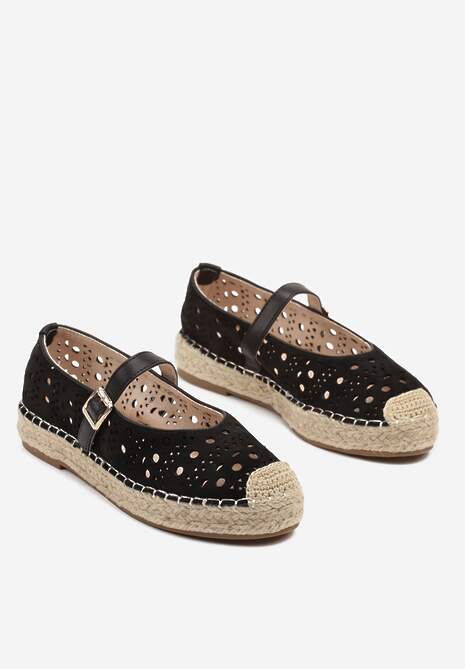Czarne Płaskie Espadryle z Plecionką i Ażurową Cholewką Aralithra
