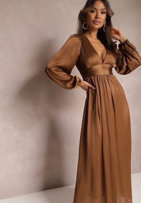 Brązowa Gładka Sukienka Maxi o Rozkloszowanym Kroju z Luźnymi Rękawami i Trójkątnym Dekoltem Biswas