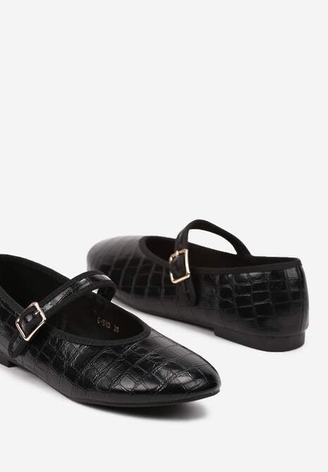 Czarne Balerinki na Płaskiej Podeszwie w Stylu Mary Jane Zapinane na Sprzączkę Rivannae