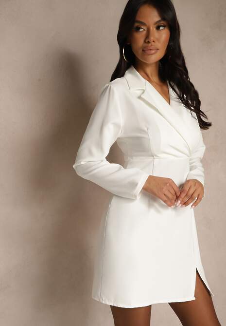 Biała Sukienka Mini w Stylu Marynarki z Długimi Rękawami Tansiwia