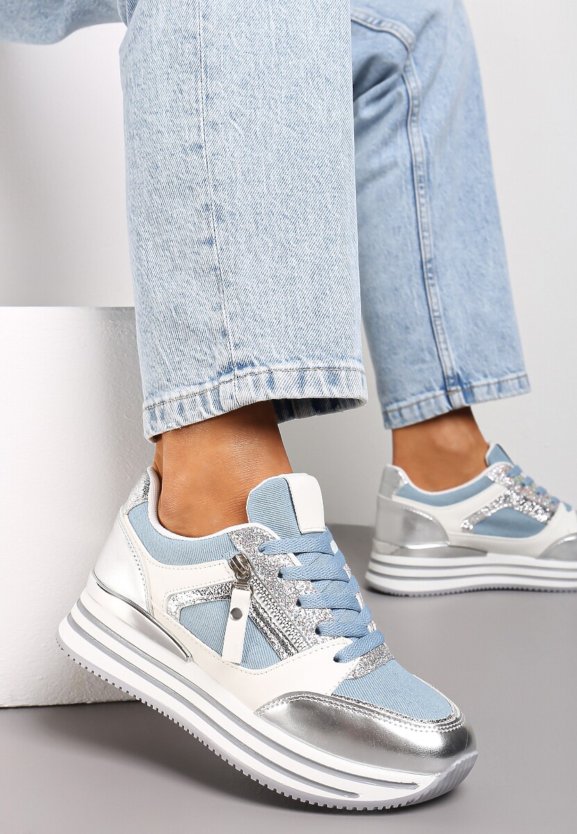 Ciemnobeżowe Brokatowe Sneakersy na Grubej Podeszwie ze Sznurowaniem i Suwakiem Irollia