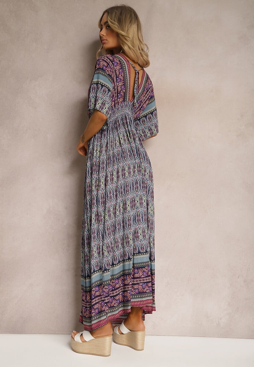 Fioletowo-Niebieska Sukienka w Stylu Etnicznym z Gumką w Pasie Wiązana na Plecach Lixara