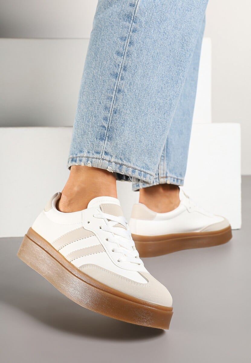 Biało-Beżowe Klasyczne Sneakersy Tenisówki na Niskiej Platformie Denirla