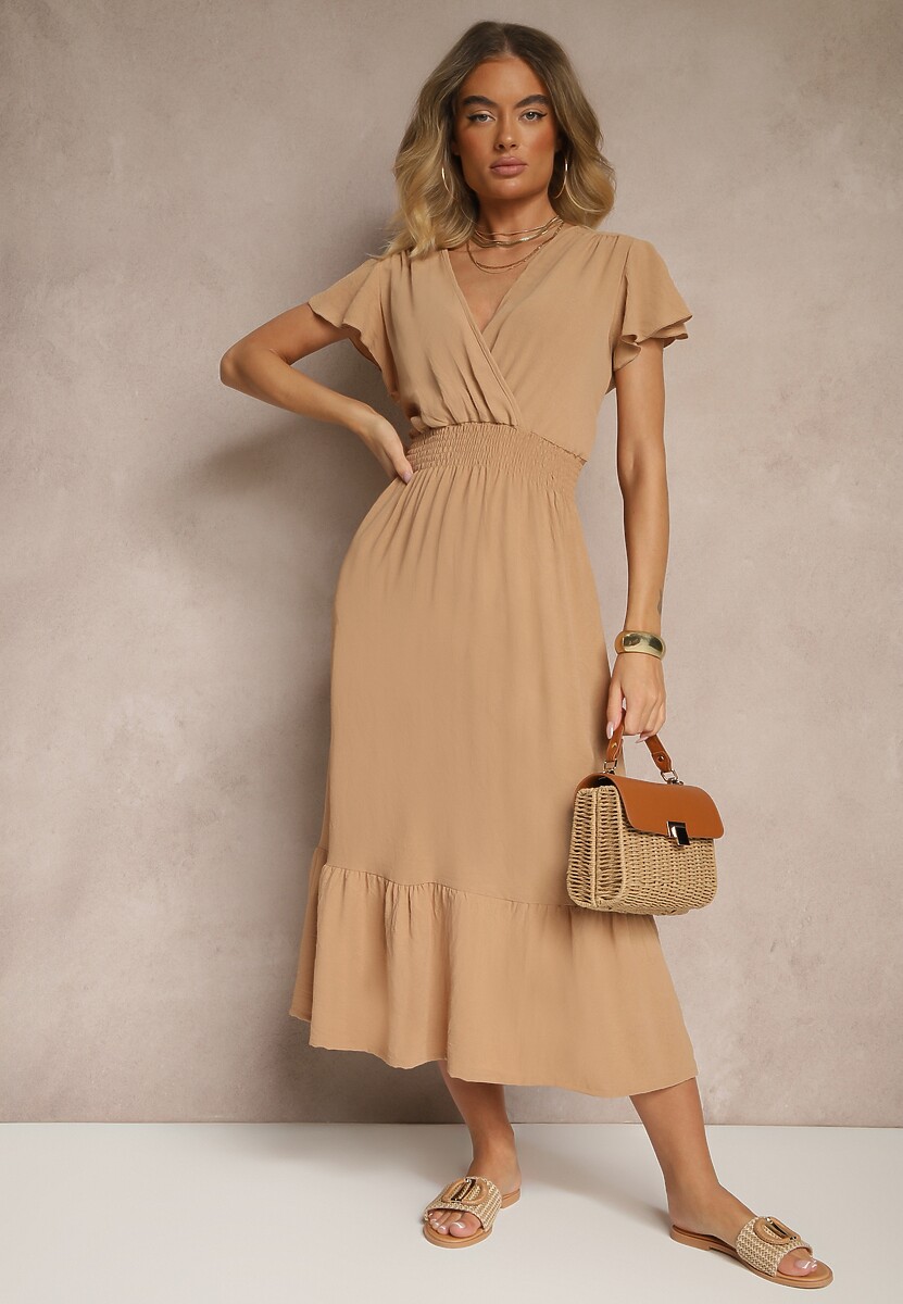 Beżowa Kopertowa Sukienka o Rozkloszowanym Fasonie z Gumką w Talii Reivione