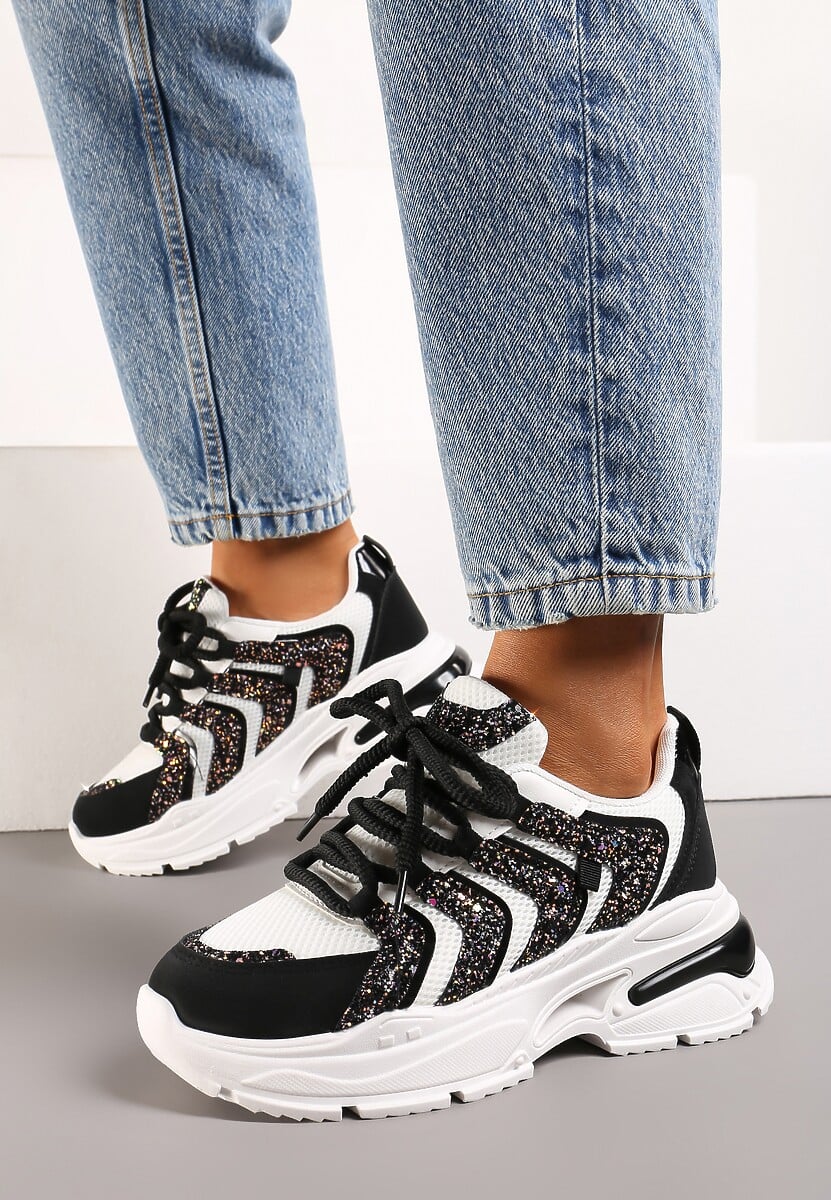Czarno-Białe Sneakersy na Tłoczonej Platformie z Brokatowymi Wstawkami Nalu