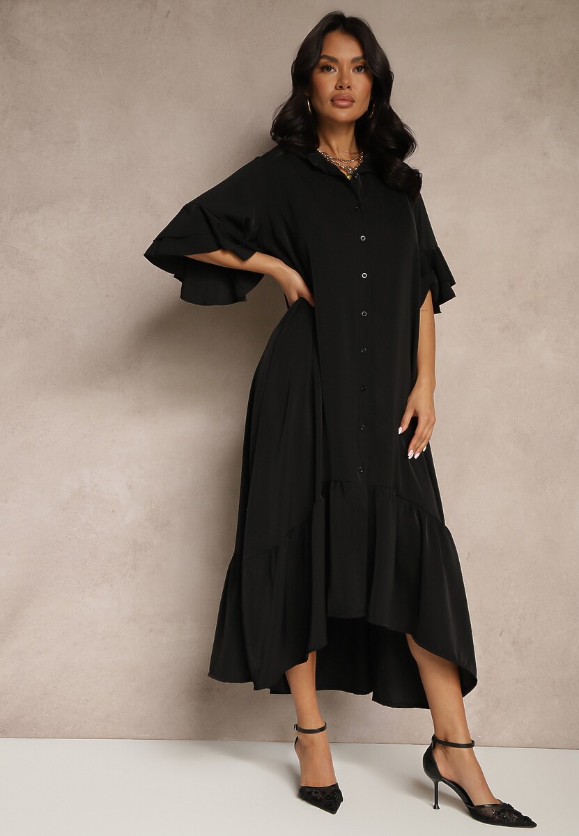Czarna Koszulowa Sukienka Ozdobiona Falbanką Ransara
