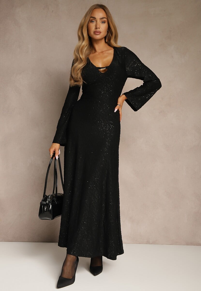 Czarna Rozkloszowana Sukienka Longsleeve w Zebrę Zdobiona Brokatem Mevilisa