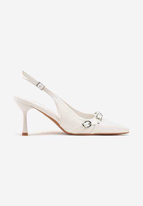 Białe Sandały Szpilki Typu Slingback Zdobione Sprzączkami Telinea
