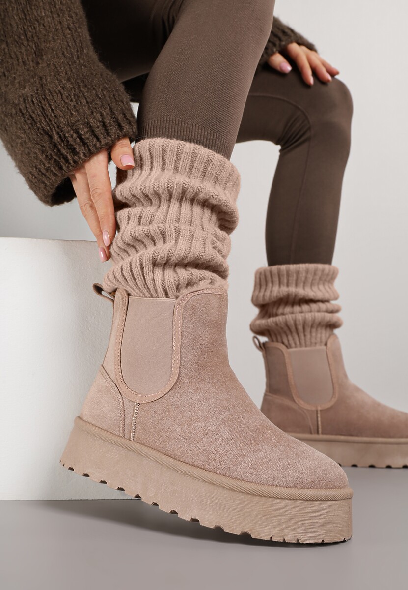 Ciemnobeżowe Śniegowce na Platformie Typu Sztyblety Ahelina