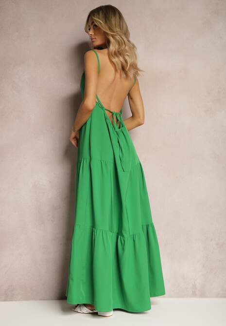 Zielona Sukienka o Rozkloszowanym Fasonie Wiązana i Wykończona Gumką z Tyłu Hililena