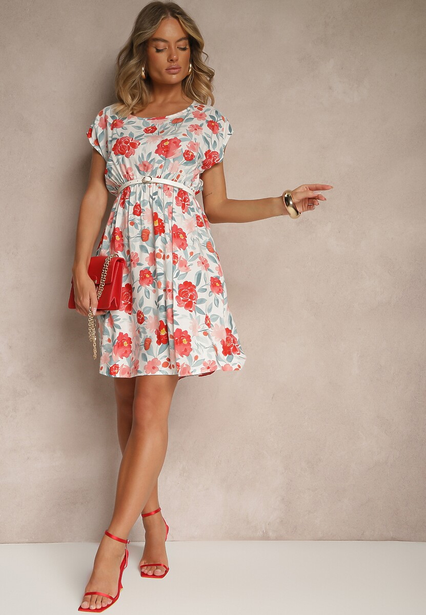 Czerwona Rozkloszowana Sukienka z Bawełną w Kwiaty Talisenia