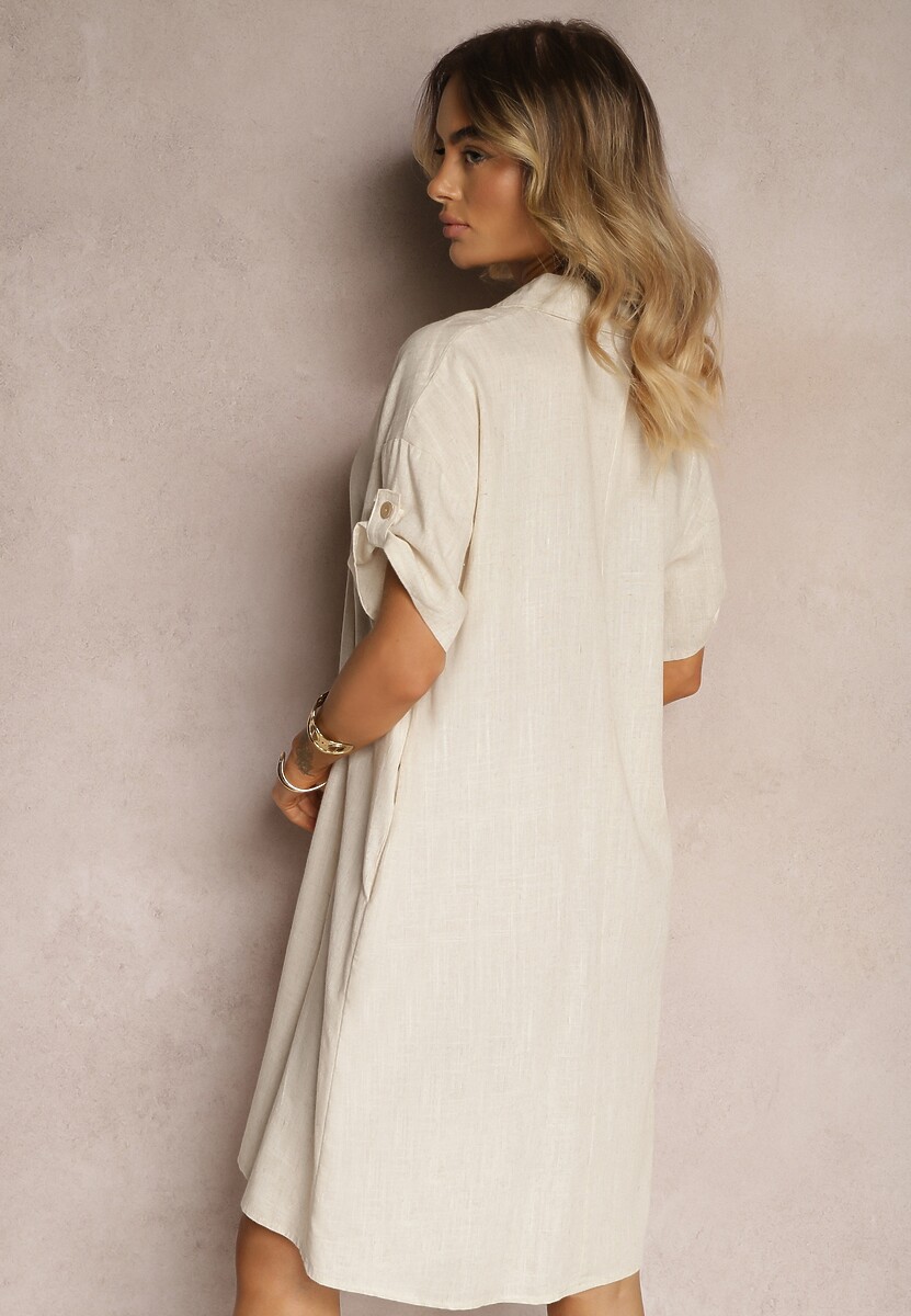 Beżowa Bawełniana Sukienka o Pudełkowym Kroju z Rękawami z Regulacją Elonea