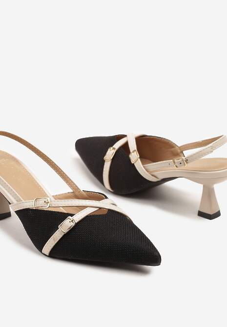 Czarno-Beżowe Sandały Czółenka na Kaczuszce z Noskiem w Szpic i Odkrytą Piętą z Klamerką Arivissa