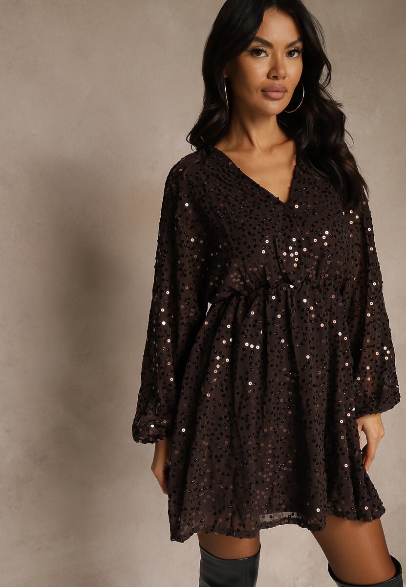 Brązowa Rozkloszowana Sukienka z Długimi Rękawami Zdobiona Cekinami Reisena