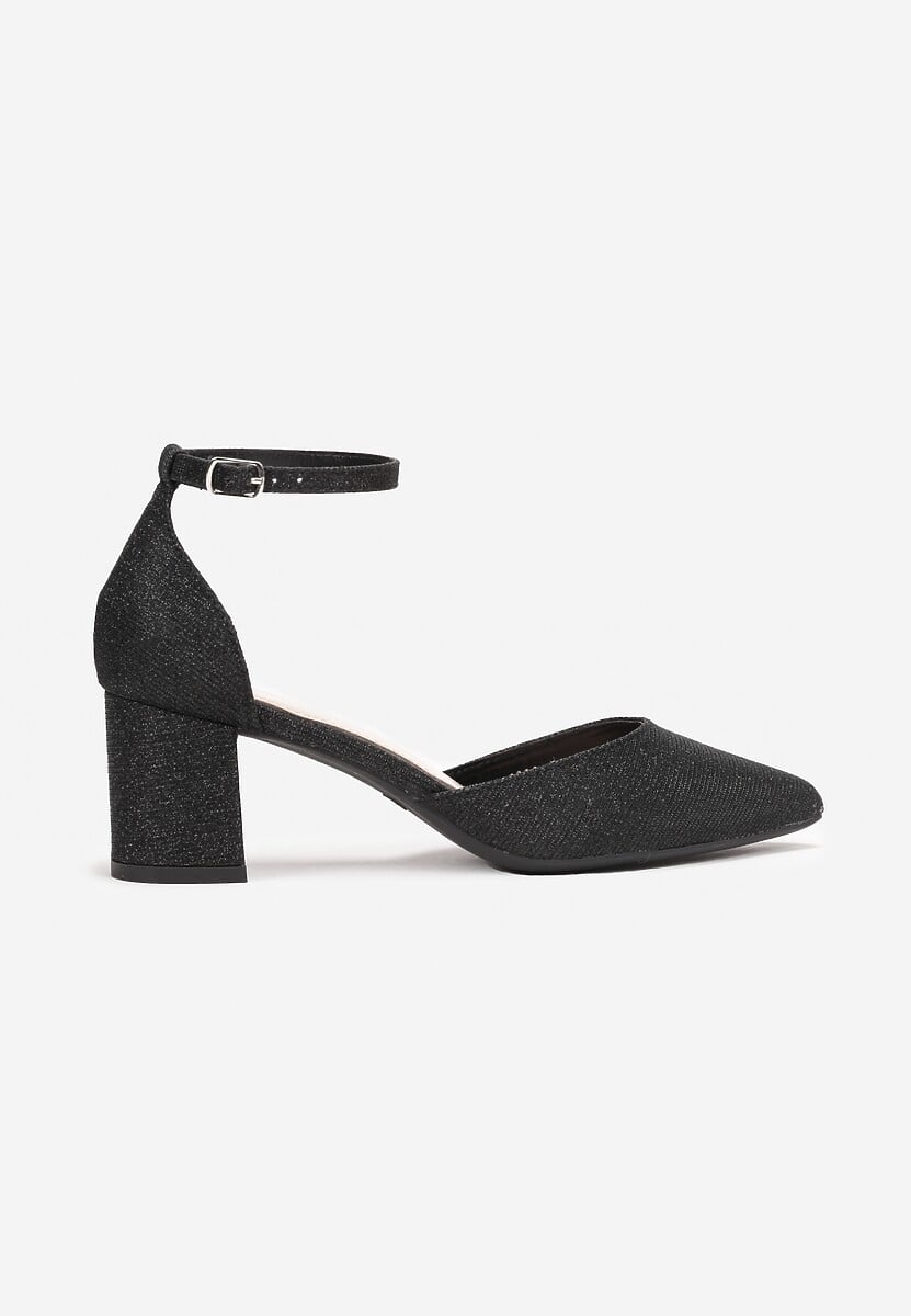 Czarne Brokatowe Czółenka na Niskim Słupku ze Szpiczastym Noskiem Halena