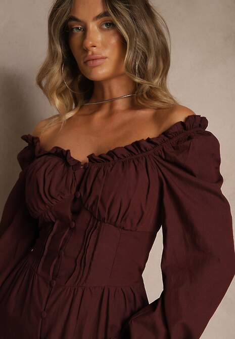 Brązowa Gorsetowa Sukienka Hiszpanka Vices z Guzikami i Bufiastymi Rękawami Resena