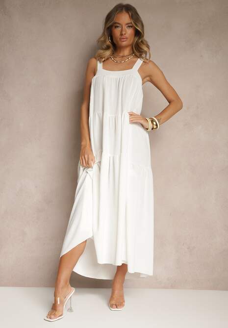 Biała Rozkloszowana Sukienka Ozdobiona Wiązaniem na Plecach Saviande