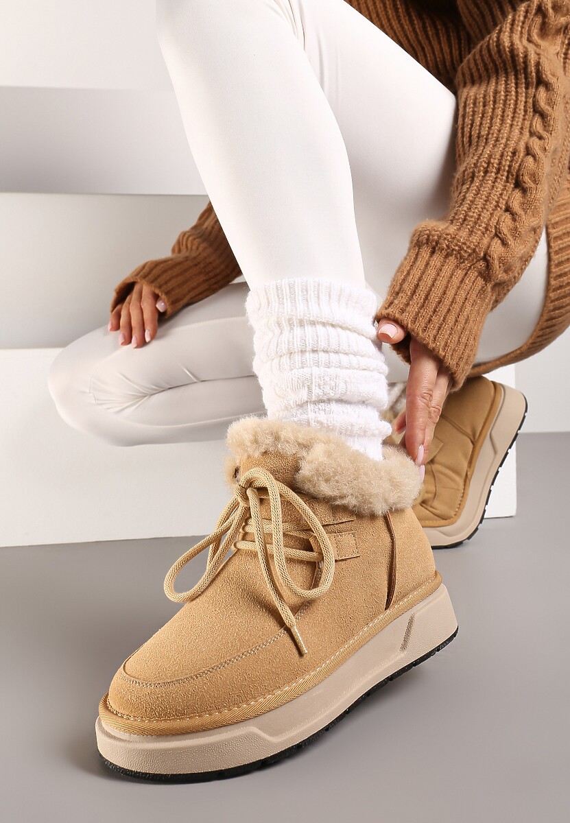 Ciemnobeżowe Mocno Ocieplane Śniegowce ze Sznurowaną Cholewką Obszytą Futrem Sintetta