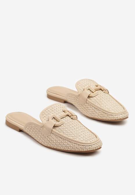 Beżowe Klapki Mule Zdobione Tweedem i Elegancką Aplikacją Sonelina