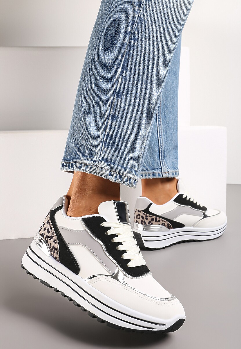 Białe Sneakersy na Wysokiej Podeszwie z Błyszczącymi Wstawkami Lovana