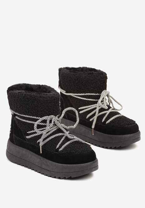 Czarne Niezapinane Śniegowce na Niskiej Platformie z Futerkiem i Sznurowaniem Avalisande